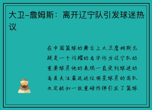 大卫-詹姆斯：离开辽宁队引发球迷热议